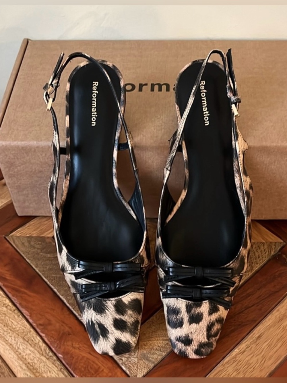 Reformation square toe, black and tan leopard print sling back flats NWOT SZ 8.5 - Picture 4 of 15